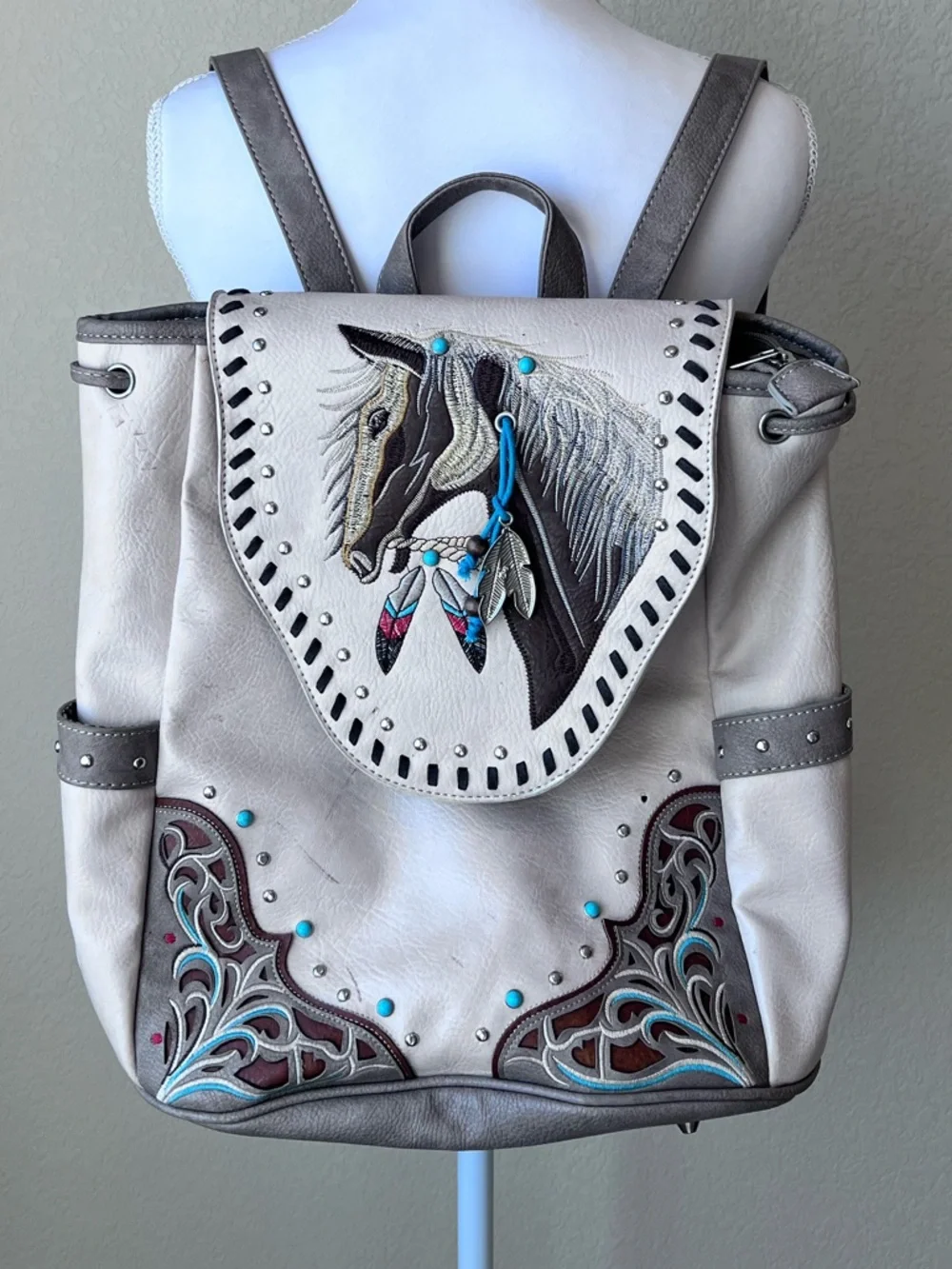 Horse Embroidered Backpack Vegan Leather 6-7 pockets
